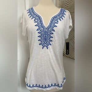 Apt. 9 White Blouse with Blue Embroidery